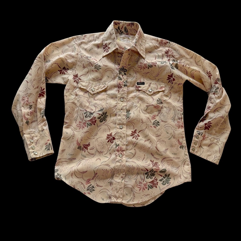 Texson Western Floral Pearl Snap Button Down Shirt Tan Pink Earthy Cowgirl XS S